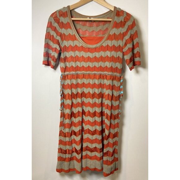 M by Missoni Dress Fit Flare Knit Tie Zig Zag Brown Teal Orange S *no size tag* - Picture 1 of 5